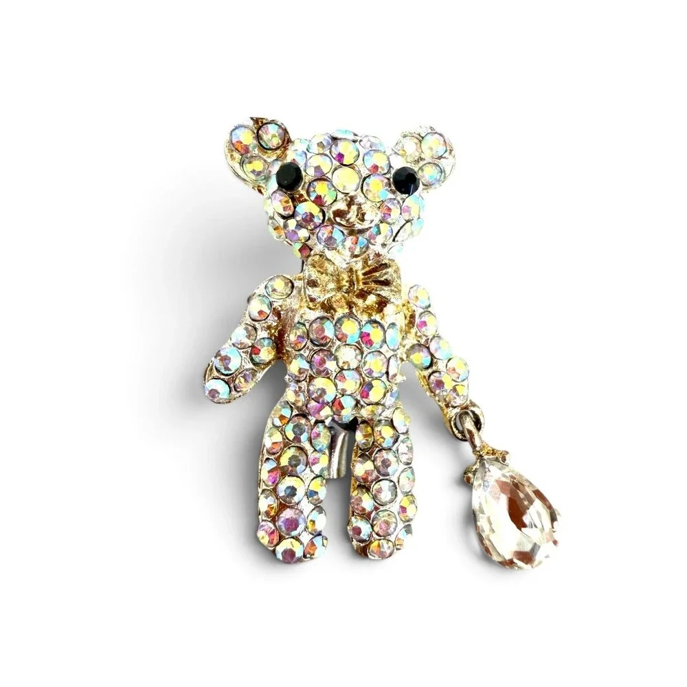 Vintage 1980s AB Rhinestone Teddy Bear Brooch Dangling Teardrop Crystal Pin DES